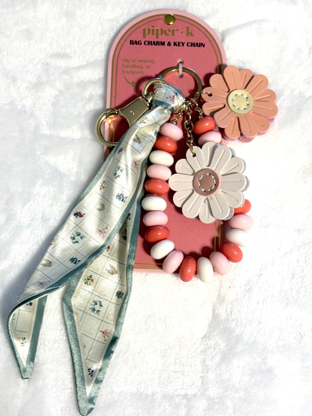 Piper K Pink & Coral Floral Bead Keychain with Scarf